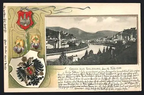 Lithographie Salzburg, Ortsansicht aus der Vogelschau, Wappen