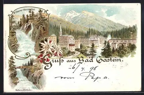 Lithographie Bad Gastein, Schreckbrücke, Oberer Wasserfall, Totalansicht