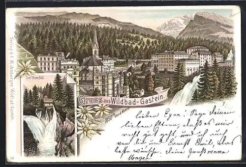 Lithographie Wildbad Gastein, Totalansicht, Oberer Fall