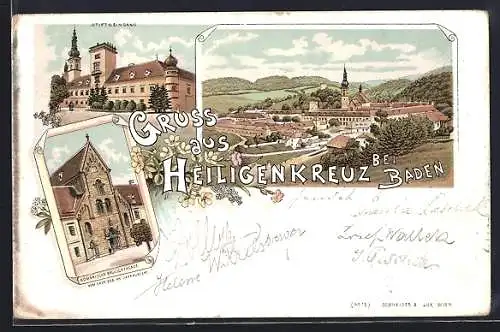 Lithographie Heiligenkreuz, Gesamtansicht, Romanische Basilica Facade, Stiftseingang