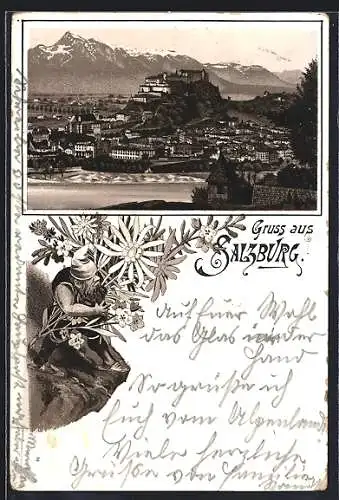 Lithographie Salzburg, Totalansicht mit Hohensalzburg
