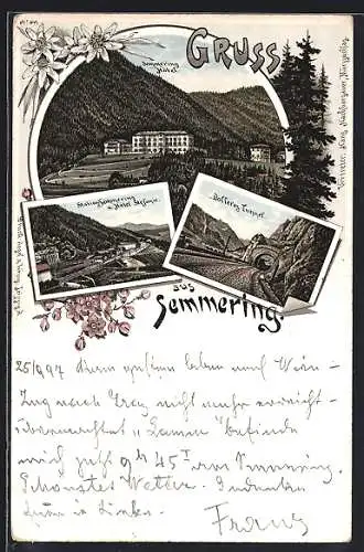 Lithographie Semmering, Hotel Waldhof, Bofferos-Tunnel, Semmering Hotel mit Umgebung