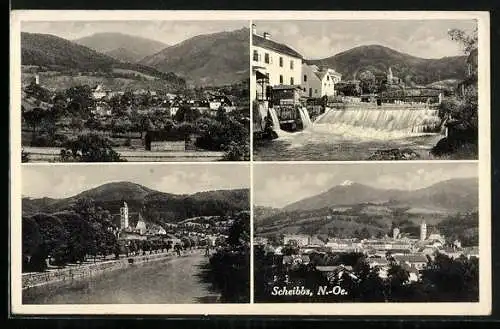 AK Scheibbs /N.-Oe., Flusspartie, Wehr, Ortsansicht