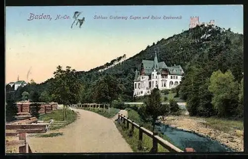 AK Baden, Schloss Erzherzog Eugen und Ruine Rauheneck