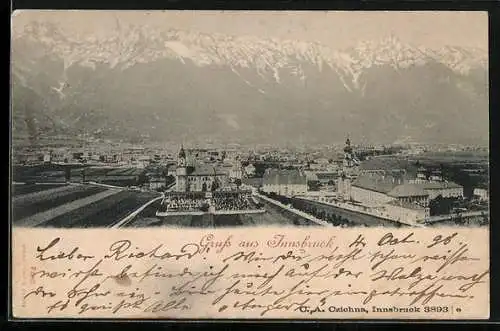 AK Innsbruck, Ortspanorama mit Alpen aus der Vogelschau