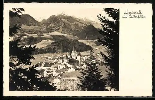 AK Mariazell, Ortsansicht mit Zellerhüten aus der Vogelschau