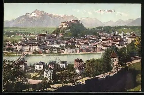 AK Salzburg, Totalansicht mit Festung und Bergpanorama