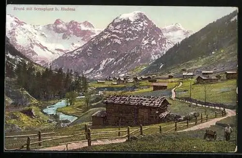 AK Brand b. Bludenz, Ortsansicht mit Fluss und Seesaplana
