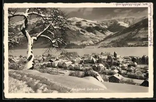 AK Zell am See, Ortsansicht mit Bergblick im Winter