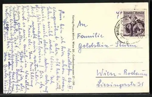 AK Waidhofen a. d. Thaya, Teilansicht mit Brücke aus der Vogelschau