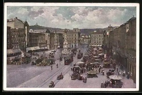 Künstler-AK Linz a. D., Strassenbahn am Platz des 12. November