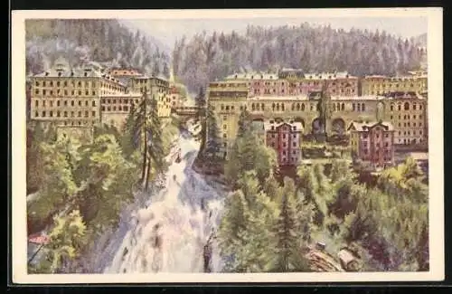 Künstler-AK Badgastein, Ortsansicht mit Wasserfall und Wald