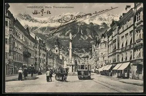 AK Innsbruck, Strassenbahn in der Maria-Theresienstrasse
