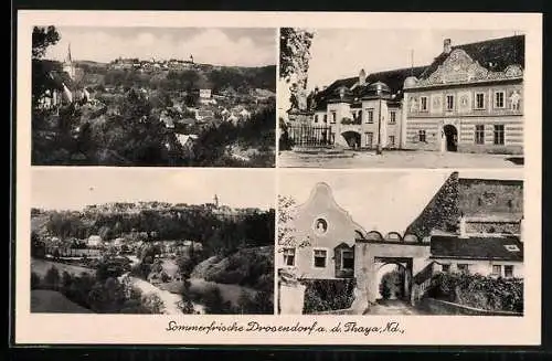 AK Drosendorf a. d. Thaya, Rathaus mit Denkmal, Ortsansicht mit Thayapartie