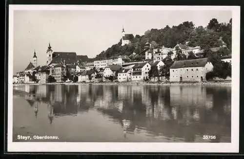 AK Steyr, Flussansicht mit Blick zum Ortsrand und Kirche