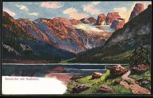 Künstler-AK Gosau-See, Panorama mit Dachstein
