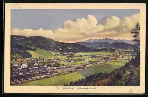 AK St. Michael /Obersteiermark, Panorama mit Eisenbahn