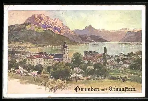 Künstler-AK Eduard Reckziegel: Gmunden, Gesamtansicht mit dem Traunstein