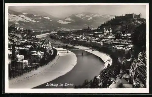 AK Salzburg, Teilansicht mit Festung von Mülln aus, Im Hintergrund Skiberge