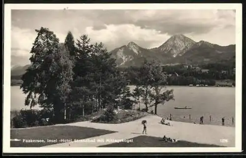 AK Faakersee, Insel-Hotel, Strandbad mit Mittagskogel