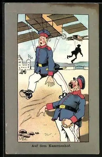 AK Soldaten bei Flugversuchen auf dem Kasernenhof, Soldatenhumor