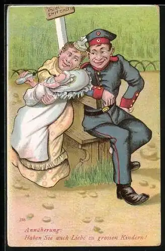 AK Soldat und Frau mit Baby an Bank, Soldatenhumor