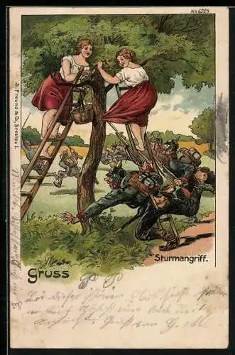 Künstler-AK Bruno Bürger & Ottillie Nr. 6924: Sturmangriff, Soldaten im Manöver und Mädchen auf Apfelbäumen