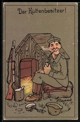 AK Soldat raucht vor Hundehütte Pfeife, Soldatenhumor