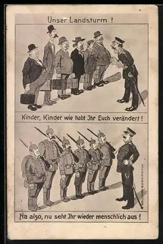 AK Unser Landsturm!, Soldaten ziehen Uniform an, Soldatenhumor