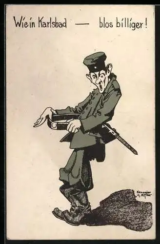 Künstler-AK Karlsbad, Soldat hat abgenommen, Soldatenhumor