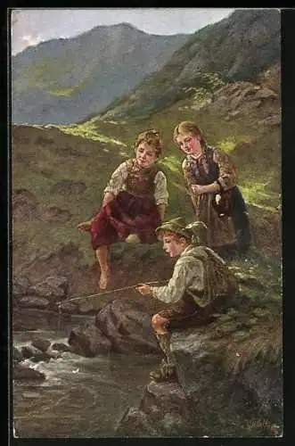 AK Junge und zwei Mädchen beim Angeln