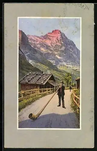 AK Mann mit Alpenhorn auf einer Landstrasse