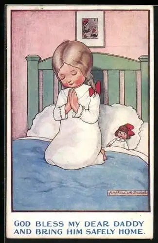 AK Betendes Mädchen mit Puppe im Bett