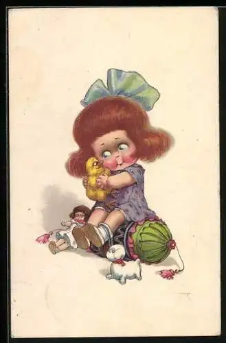 AK Mädchen mit Puppe und Stoffküken