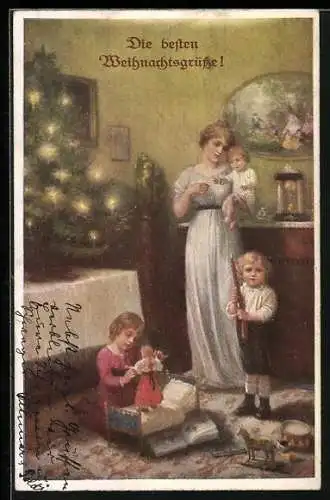 Künstler-AK M. Munk Nr. 1107: Mutter mit Kindern in der Stube unter dem Weihnachtsbaum mit Geschenken