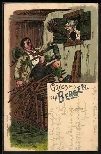 AK Gruss aus den Bergen, Mann bei Frau mit Besen am Fenster, frauenfeindlicher Humor