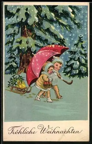 AK Kinderpaar mit Schirm und Schlitten bei Schnee, Weihnachtsgruss