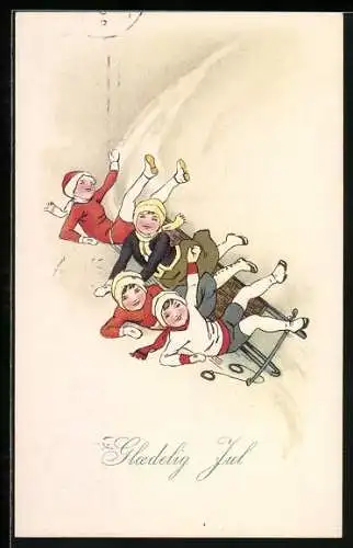 AK Kinder sind mit dem Schlitten umgekippt, Weihnachtsgruss