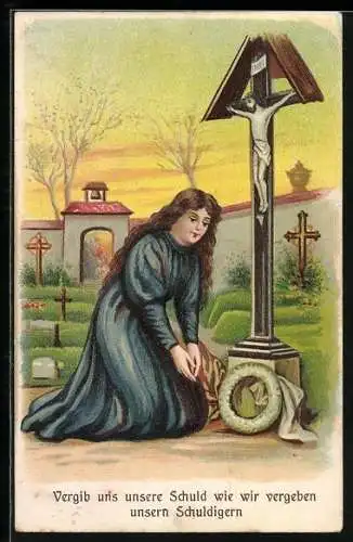 AK Betende Frau mit Kranz am Flurkreuz, Religion