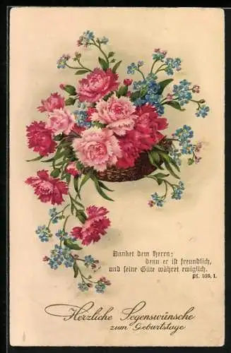 AK Nelken im Korb, Denket dem Herrn: denn er ist freundlich..., Ps. 106.1, Sinnspruch, Geburtstagsgruss