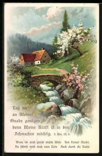 AK Landschaft mit Haus und Wasserfall, Lass dir an Meiner Gnade genügen..., 2. Kor. 12.9, Sinnspruch