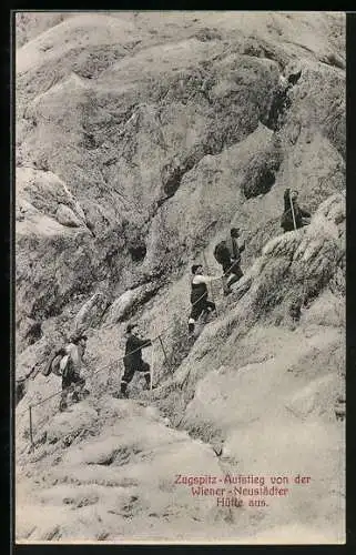 AK Wiener-Neustädter Hütte, Zugspitz-Aufstieg der Bergsteiger von der Berghütte aus