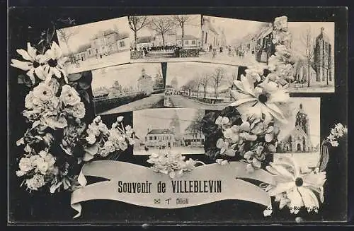 AK Villeblevin, Souvenir illustré de Villeblevin avec fleurs et scènes du village