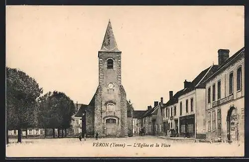 AK Véron /Yonne, L`Église et la Place