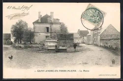 AK Saint-André-en-Terre-Plaine, La Mairie et la place du village avec fontaine et arbres