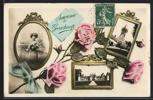 AK Grandchamp, Souvenir avec portraits et roses