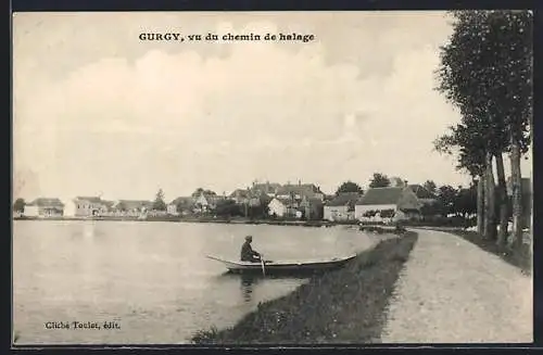AK Gurgy, vue du chemin de halage avec un homme en barque sur la rivière