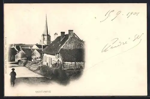 AK Saint-Privé, Vue du village avec église en arrière-plan et habitant sur la route
