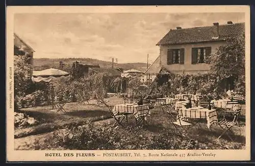 AK Pontaubert, Hôtel des Fleurs et jardin sur la Route Nationale 457