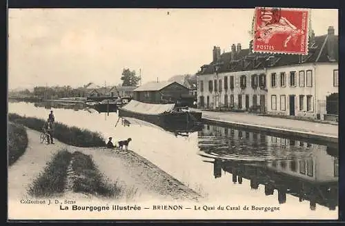 AK Brienon, Le Quai du Canal de Bourgogne avec péniche et cycliste sur le chemin